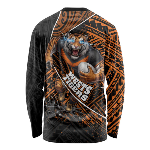 Wests Tigers Rugby Long Sleeve Shirt Tribal Polynesian Power Art - Lightning Mascot
