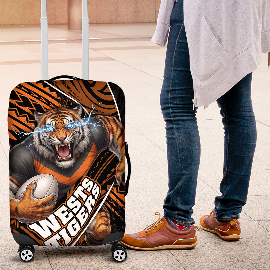 Wests Tigers Rugby Luggage Cover Tribal Polynesian Power Art - Lightning Mascot