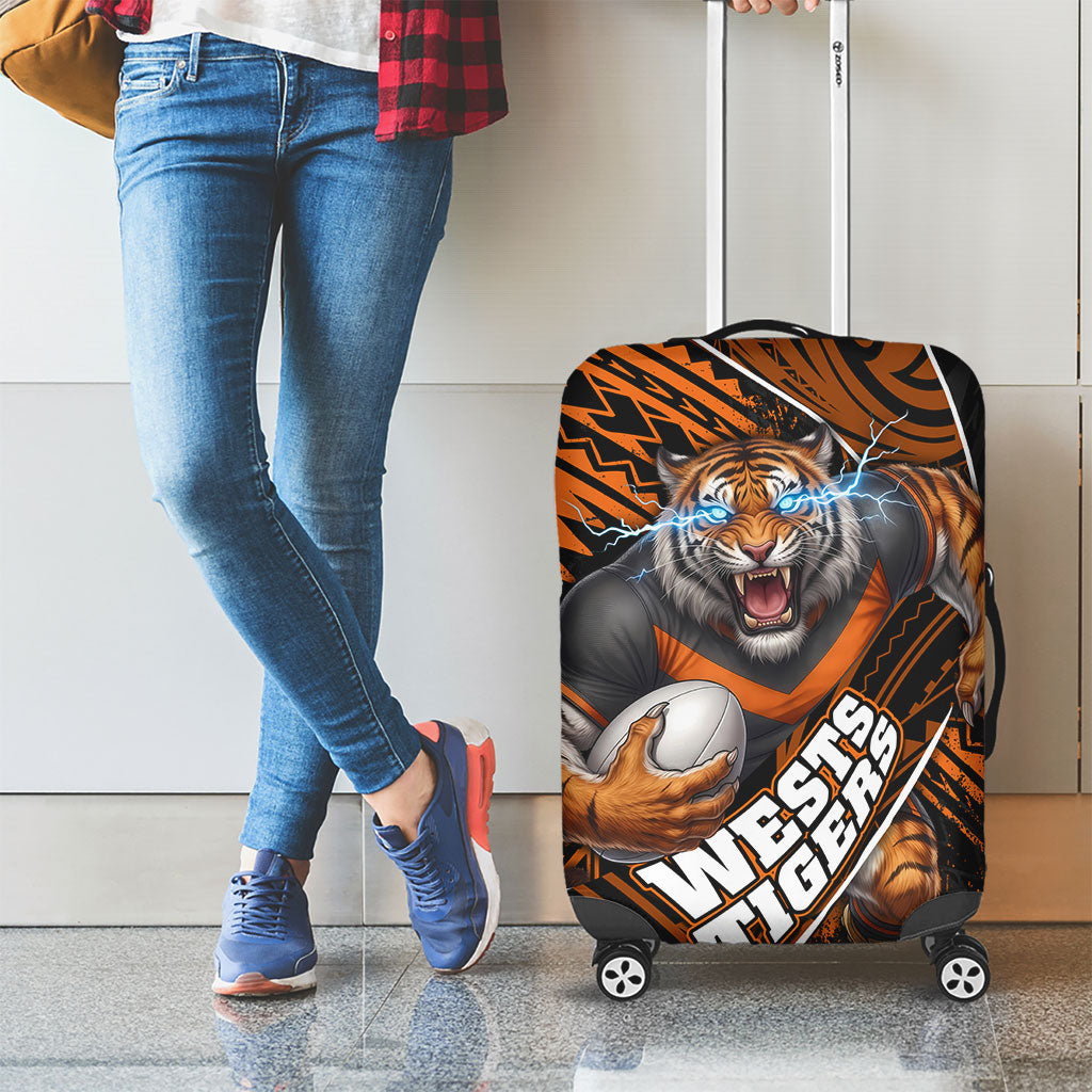 Wests Tigers Rugby Luggage Cover Tribal Polynesian Power Art - Lightning Mascot