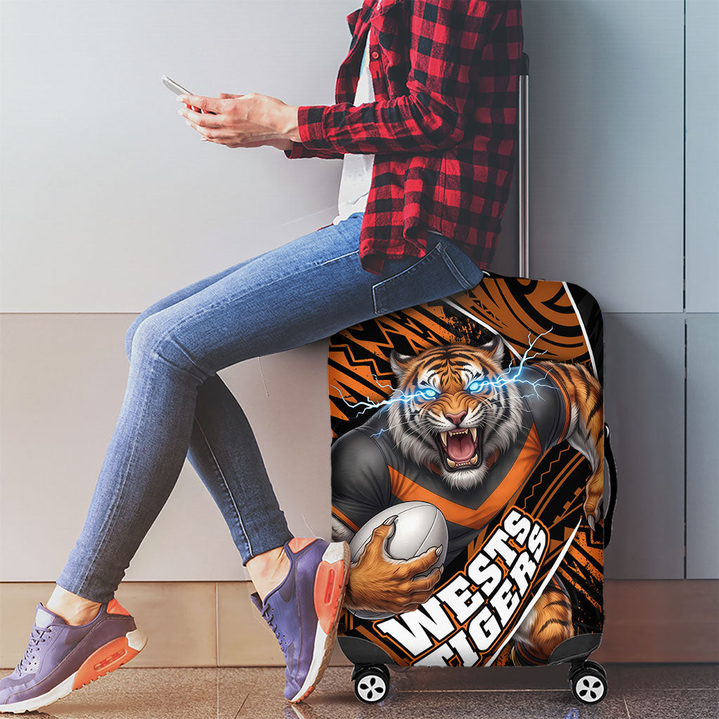 Wests Tigers Rugby Luggage Cover Tribal Polynesian Power Art - Lightning Mascot