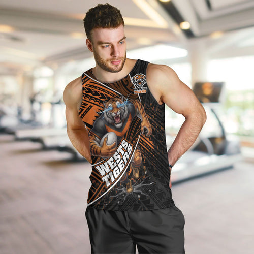 Wests Tigers Rugby Men Tank Top Tribal Polynesian Power Art - Lightning Mascot