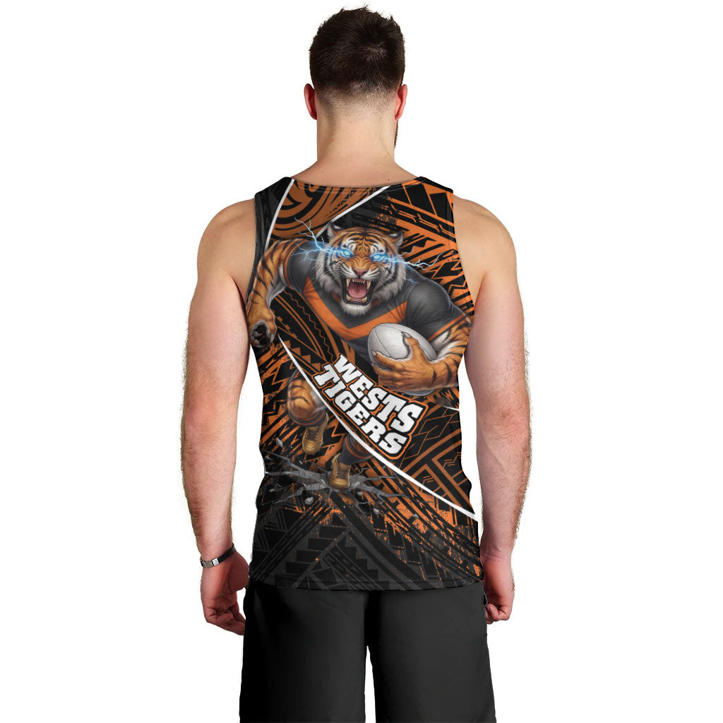 Wests Tigers Rugby Men Tank Top Tribal Polynesian Power Art - Lightning Mascot