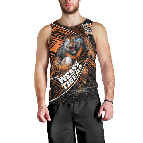 Wests Tigers Rugby Men Tank Top Tribal Polynesian Power Art - Lightning Mascot
