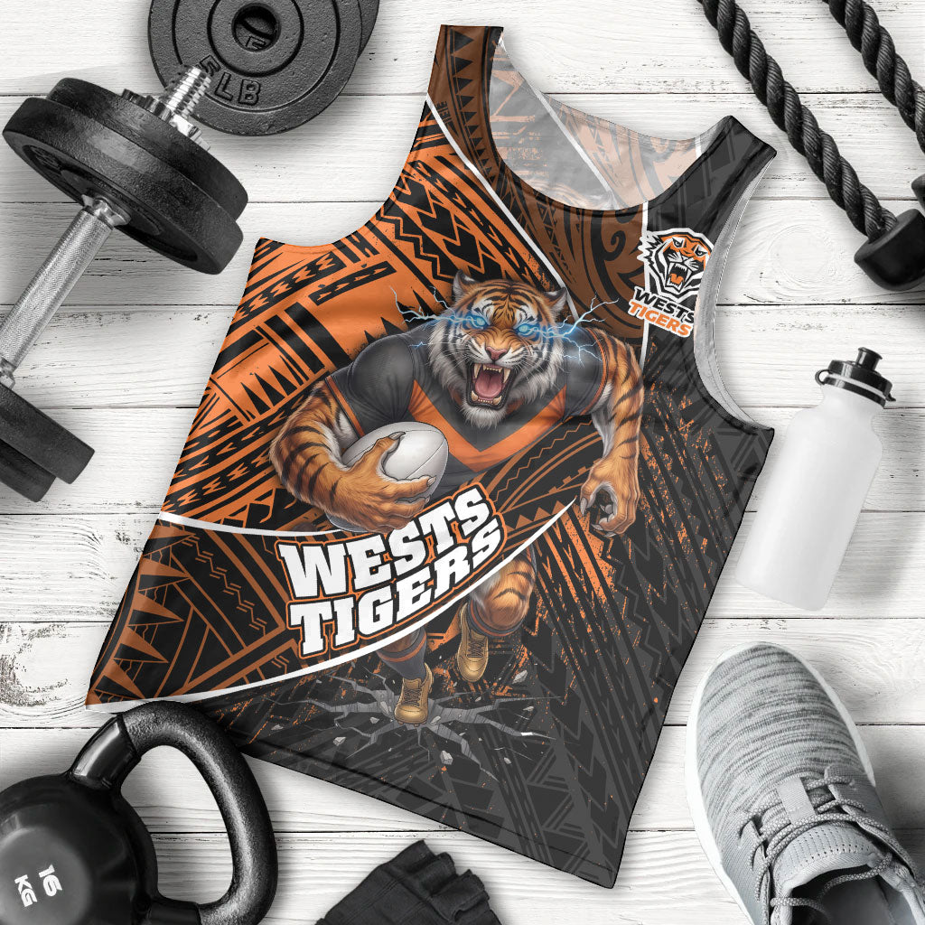 Wests Tigers Rugby Men Tank Top Tribal Polynesian Power Art - Lightning Mascot