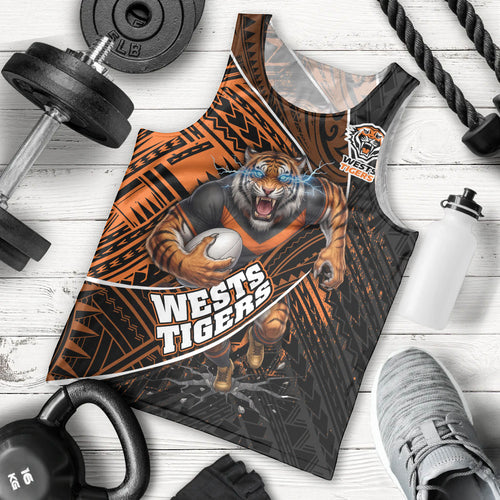 Wests Tigers Rugby Men Tank Top Tribal Polynesian Power Art - Lightning Mascot
