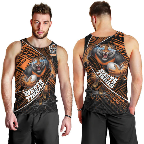 Wests Tigers Rugby Men Tank Top Tribal Polynesian Power Art - Lightning Mascot