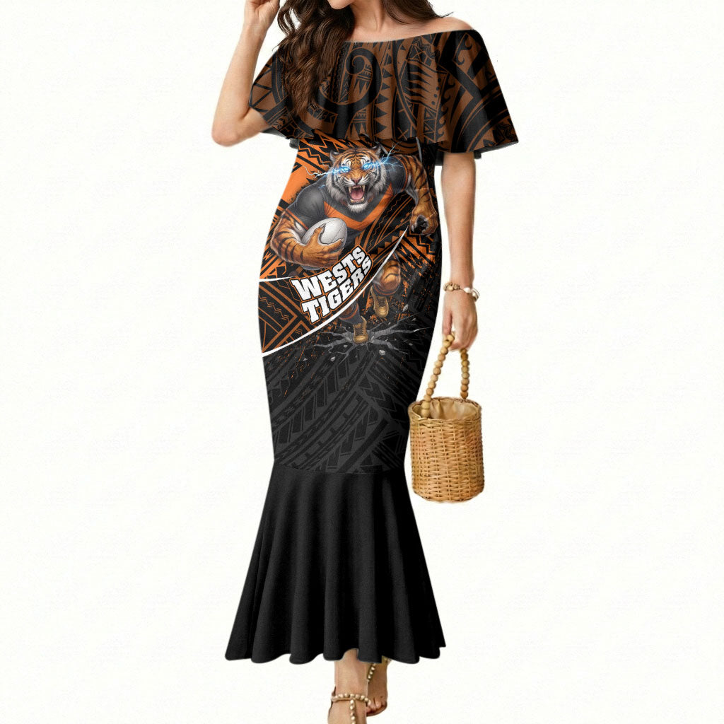 Wests Tigers Rugby Mermaid Dress Tribal Polynesian Power Art - Lightning Mascot