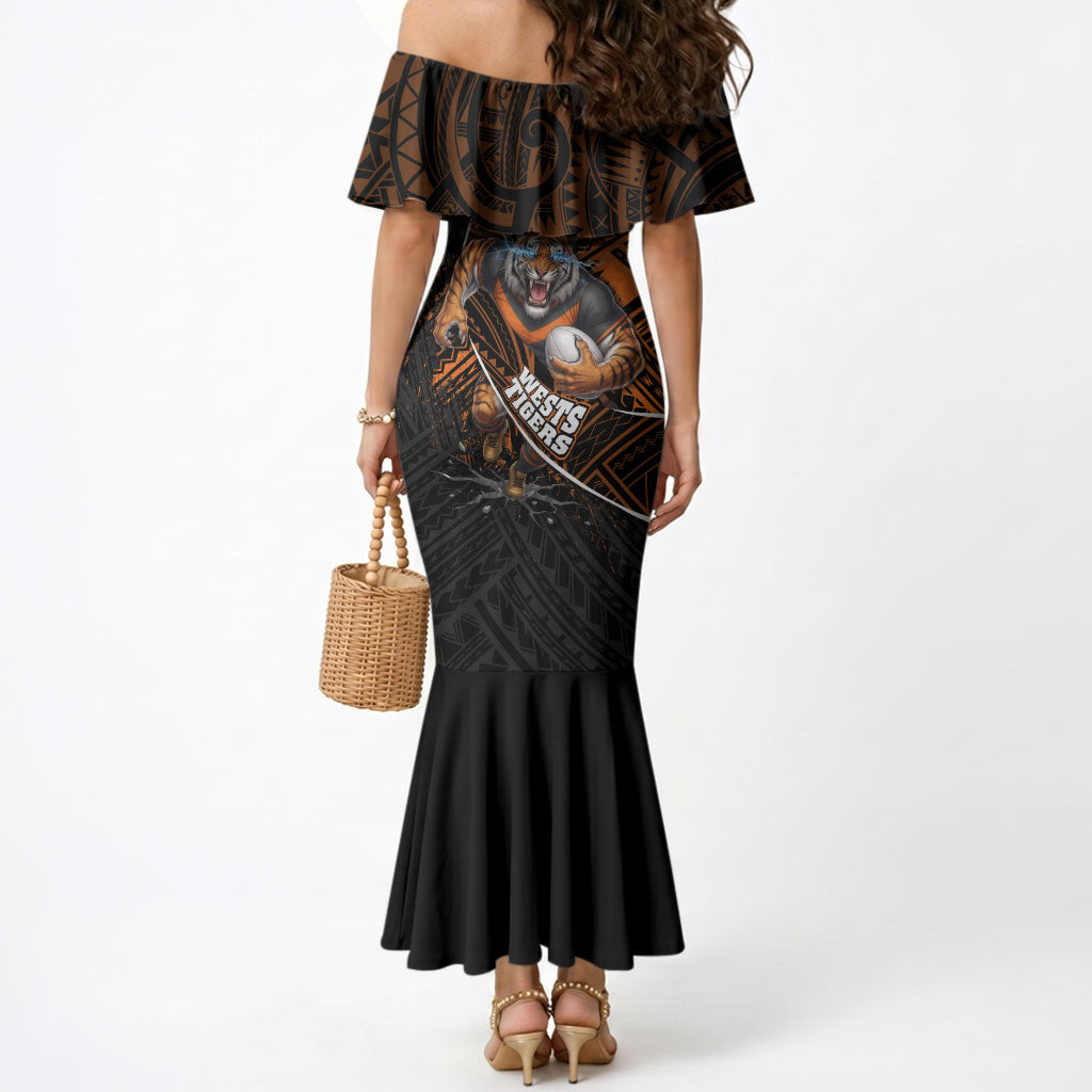 Wests Tigers Rugby Mermaid Dress Tribal Polynesian Power Art - Lightning Mascot