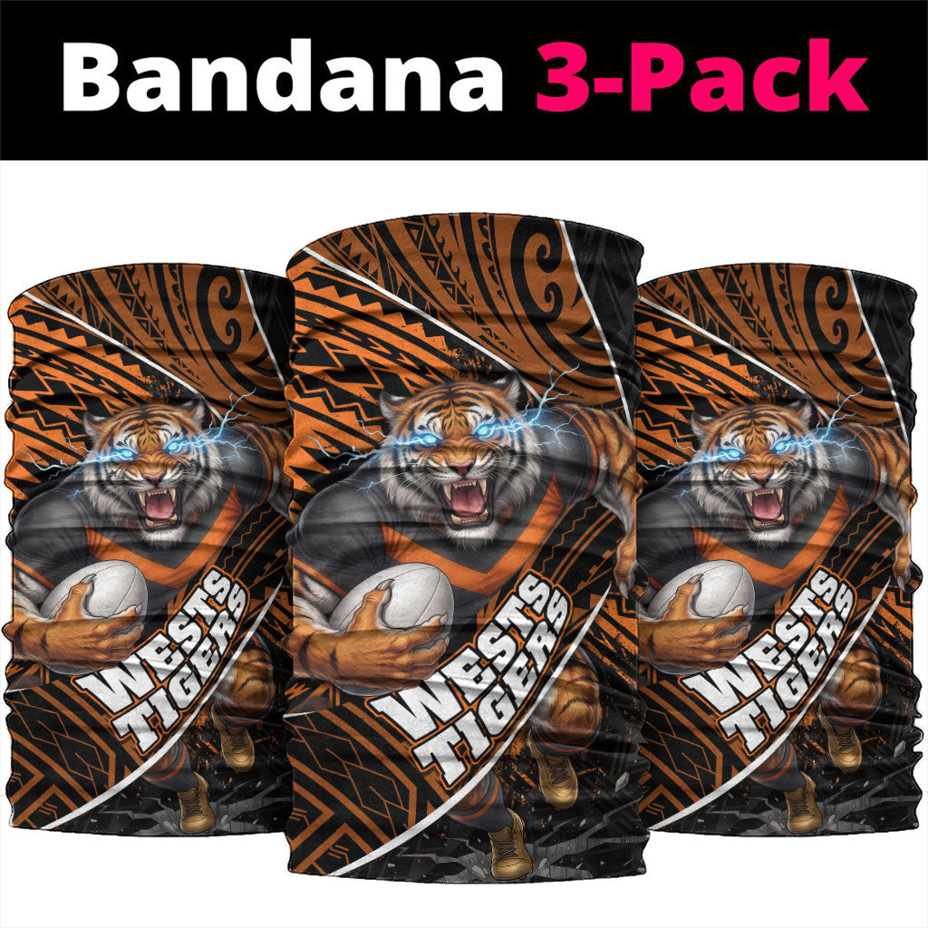 Wests Tigers Rugby Neck Gaiter Tribal Polynesian Power Art - Lightning Mascot