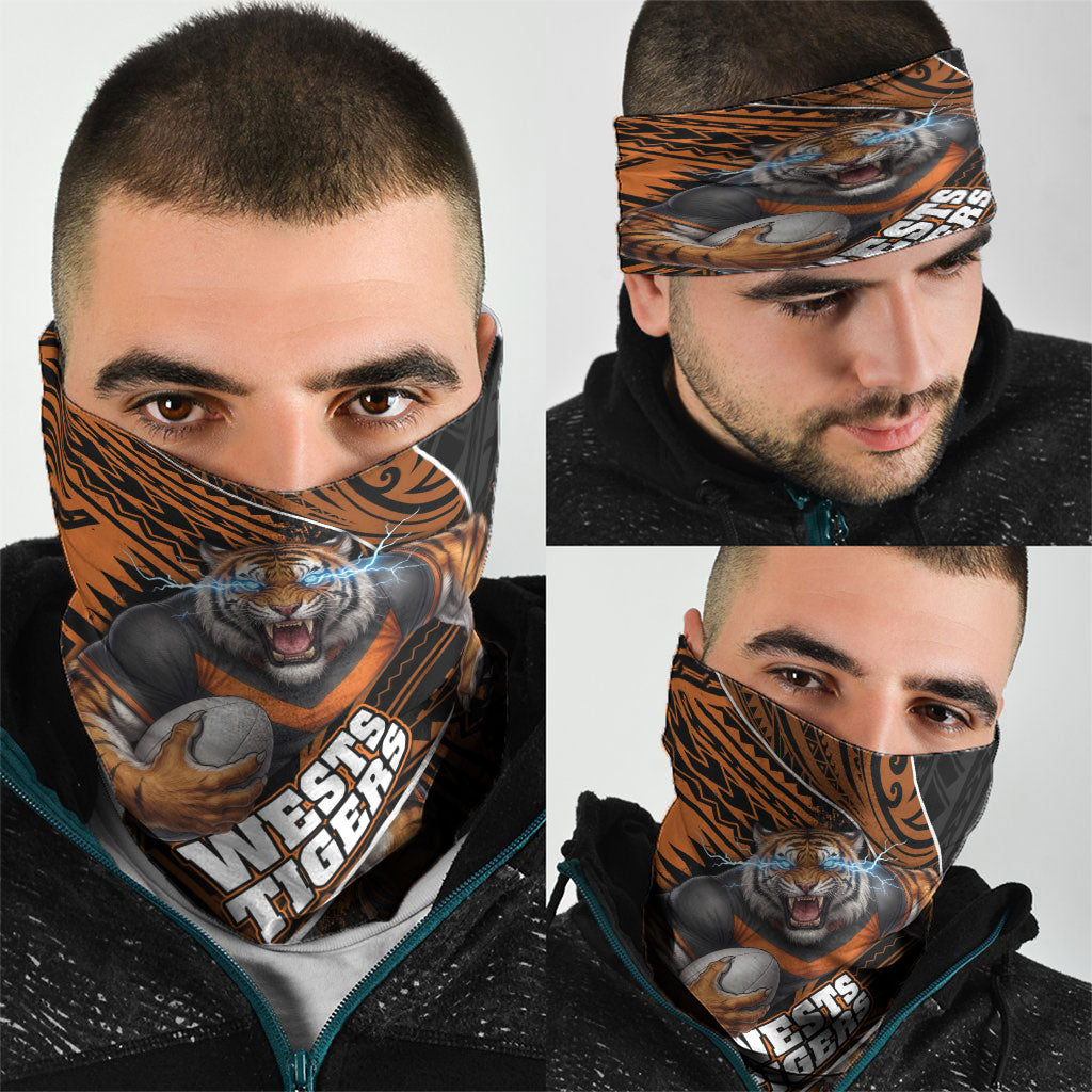 Wests Tigers Rugby Neck Gaiter Tribal Polynesian Power Art - Lightning Mascot