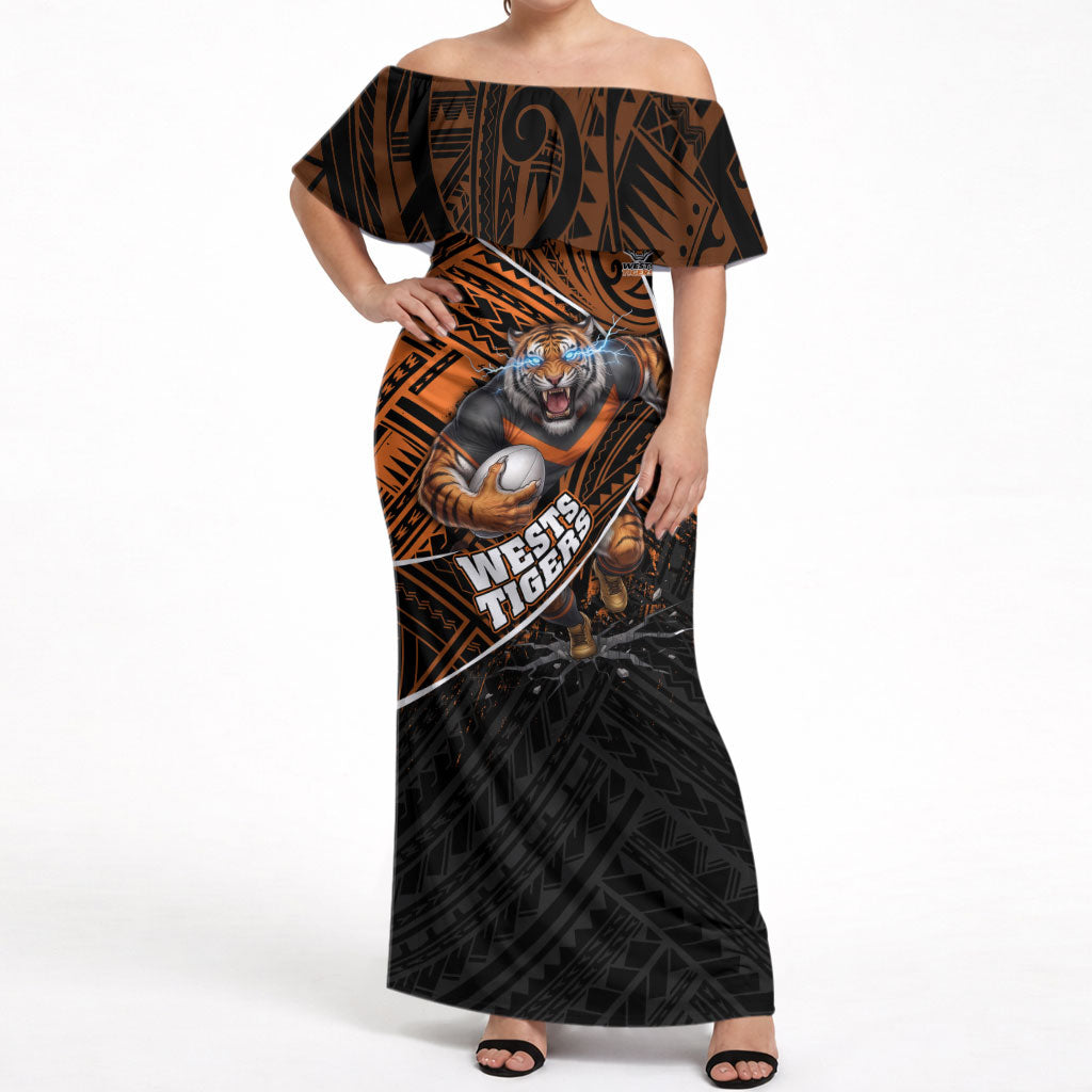 Wests Tigers Rugby Off Shoulder Maxi Dress Tribal Polynesian Power Art - Lightning Mascot