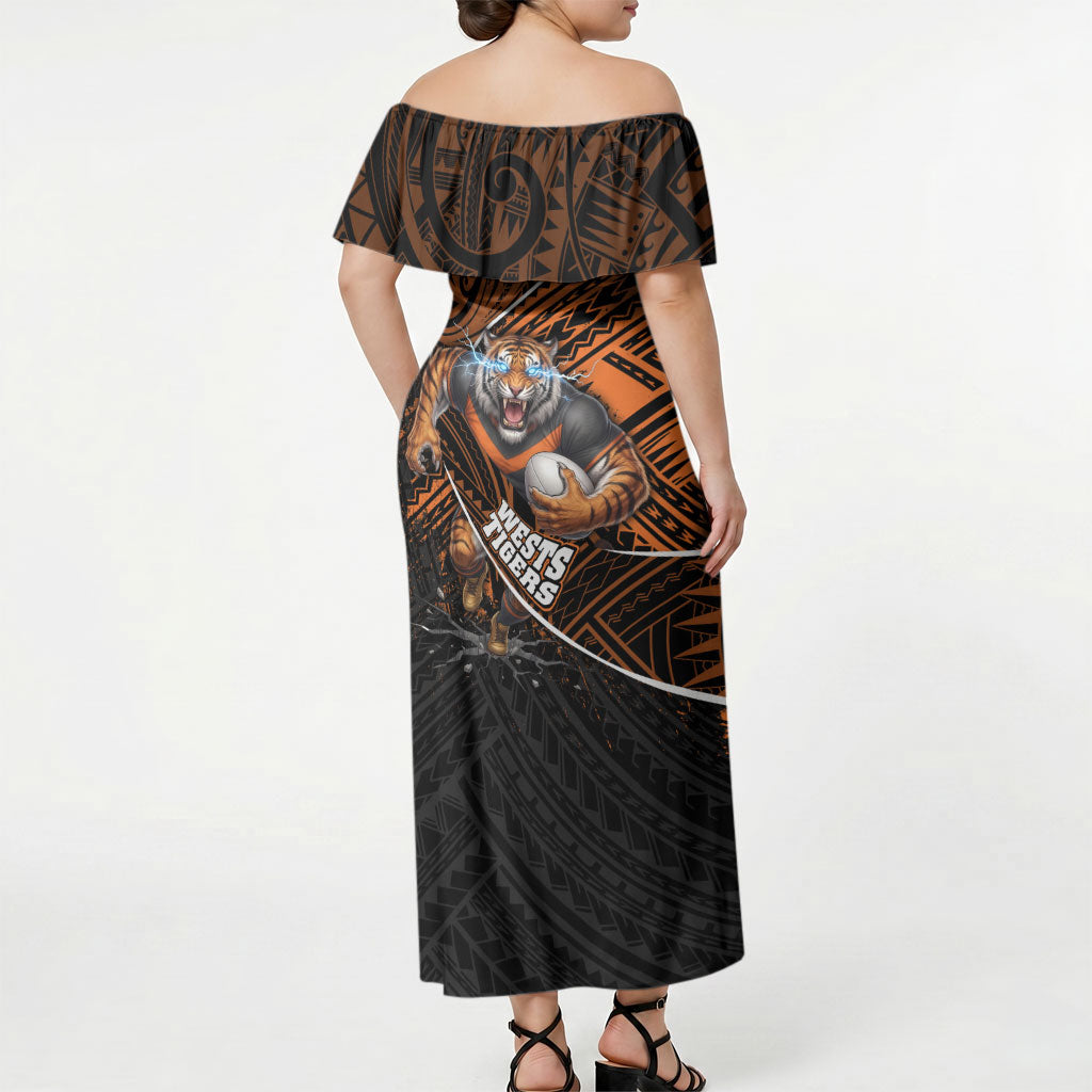 Wests Tigers Rugby Off Shoulder Maxi Dress Tribal Polynesian Power Art - Lightning Mascot