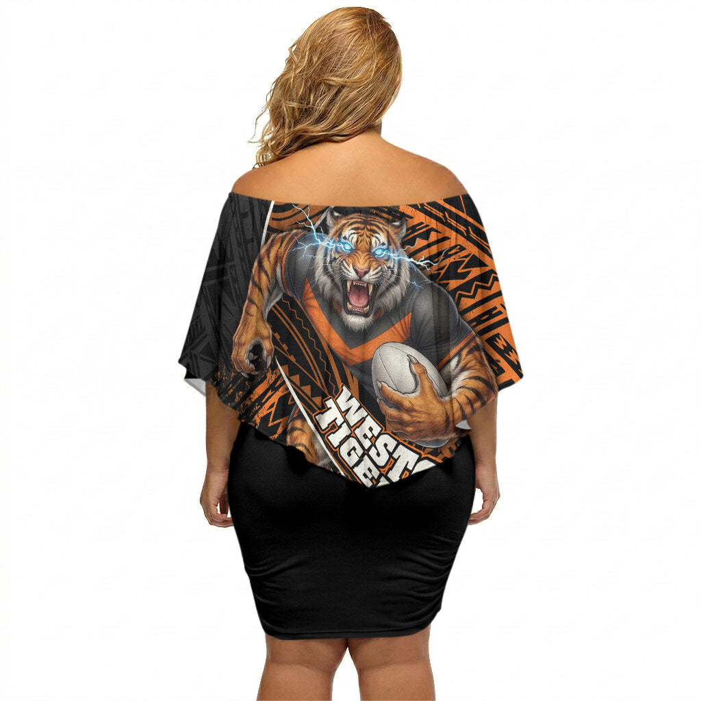 Wests Tigers Rugby Off Shoulder Short Dress Tribal Polynesian Power Art - Lightning Mascot