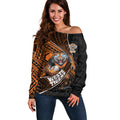 Wests Tigers Rugby Off Shoulder Sweater Tribal Polynesian Power Art - Lightning Mascot