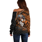 Wests Tigers Rugby Off Shoulder Sweater Tribal Polynesian Power Art - Lightning Mascot