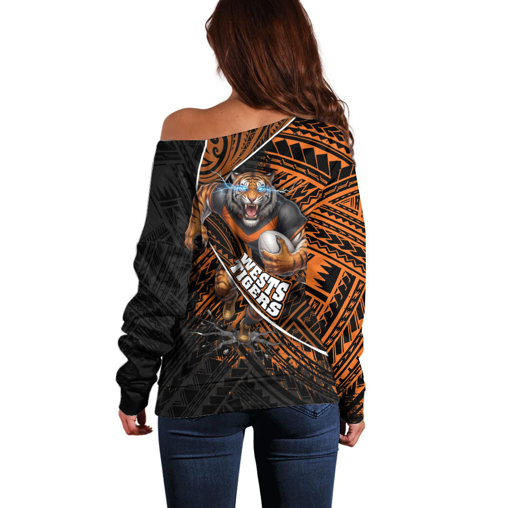 Wests Tigers Rugby Off Shoulder Sweater Tribal Polynesian Power Art - Lightning Mascot