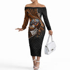 Wests Tigers Rugby Off The Shoulder Long Sleeve Dress Tribal Polynesian Power Art - Lightning Mascot