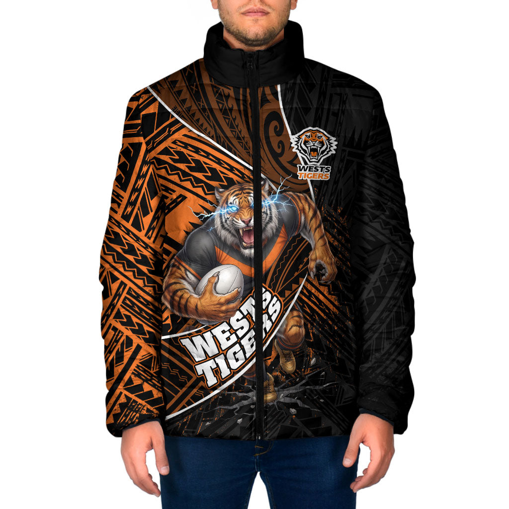 Wests Tigers Rugby Padded Jacket Tribal Polynesian Power Art - Lightning Mascot