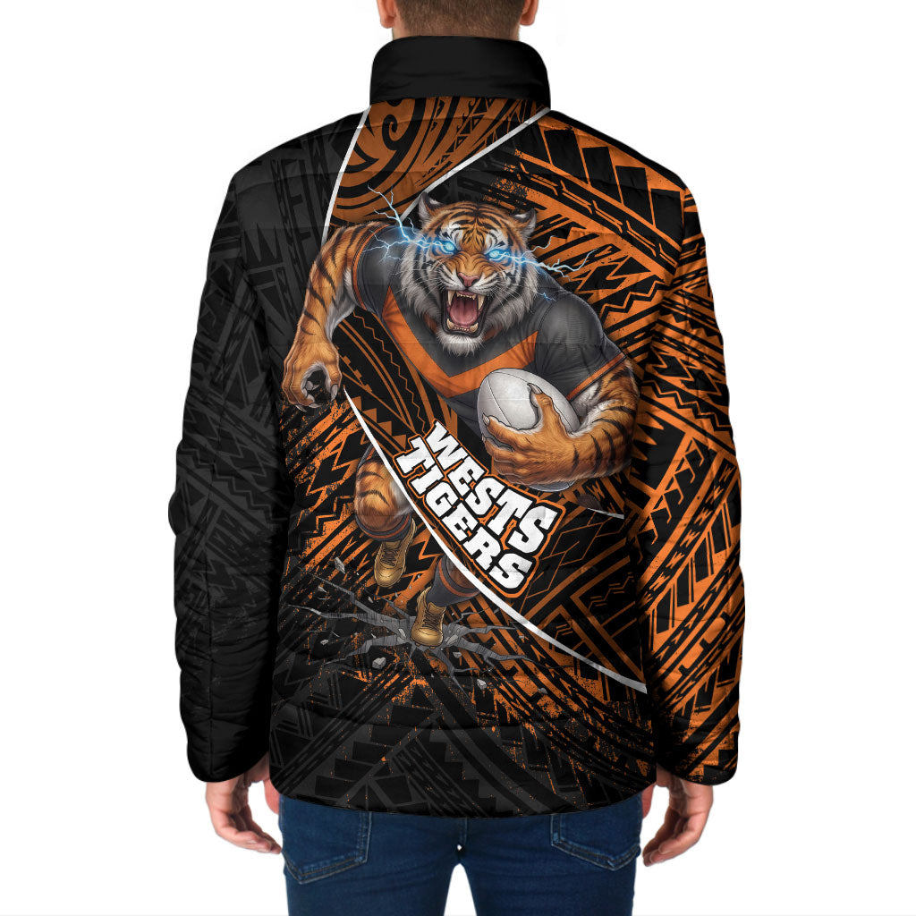Wests Tigers Rugby Padded Jacket Tribal Polynesian Power Art - Lightning Mascot