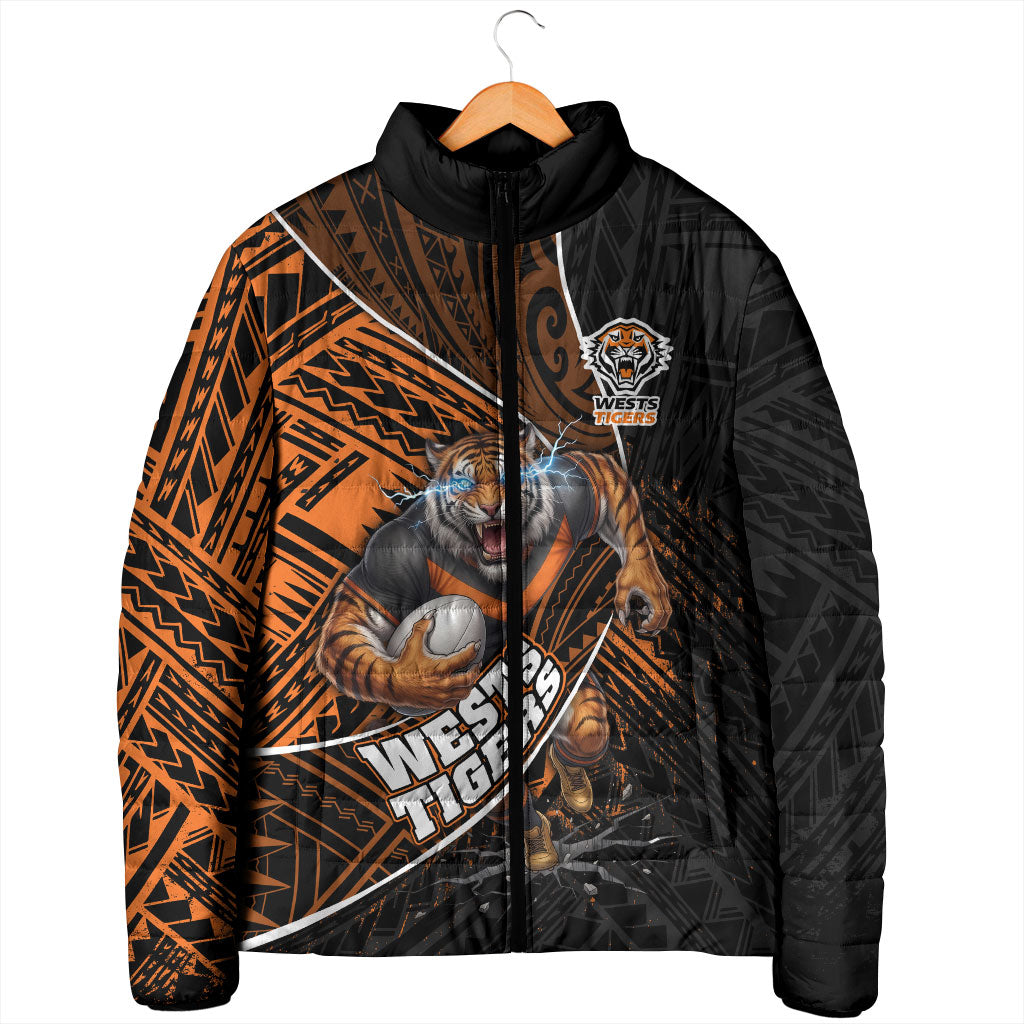 Wests Tigers Rugby Padded Jacket Tribal Polynesian Power Art - Lightning Mascot