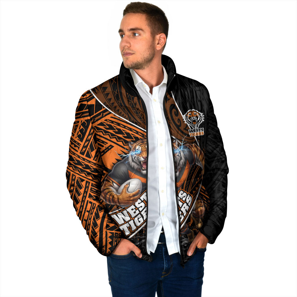 Wests Tigers Rugby Padded Jacket Tribal Polynesian Power Art - Lightning Mascot