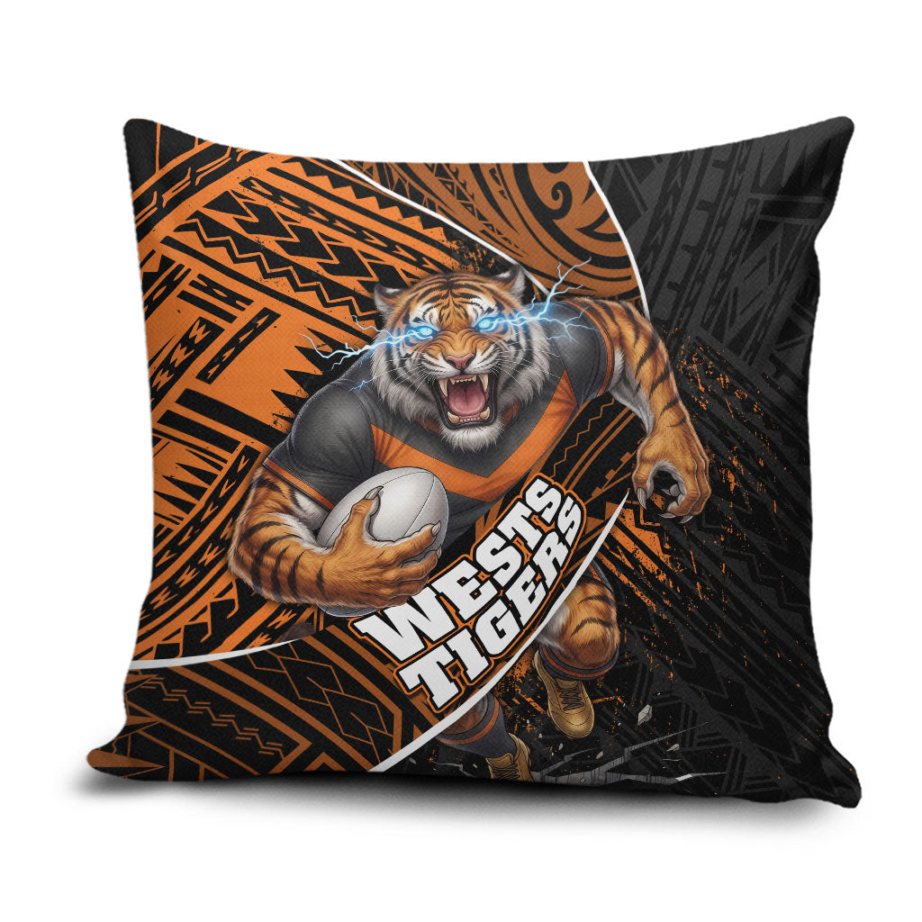 Wests Tigers Rugby Pillow Cover Tribal Polynesian Power Art - Lightning Mascot
