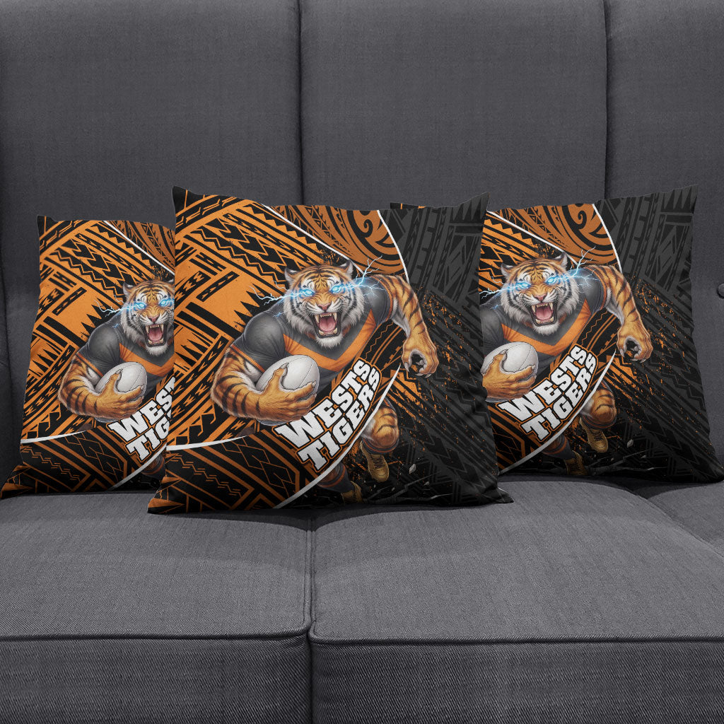 Wests Tigers Rugby Pillow Cover Tribal Polynesian Power Art - Lightning Mascot
