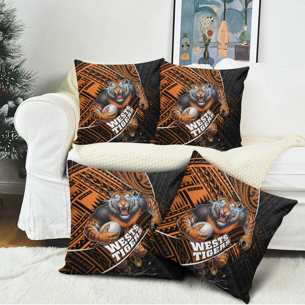 Wests Tigers Rugby Pillow Cover Tribal Polynesian Power Art - Lightning Mascot