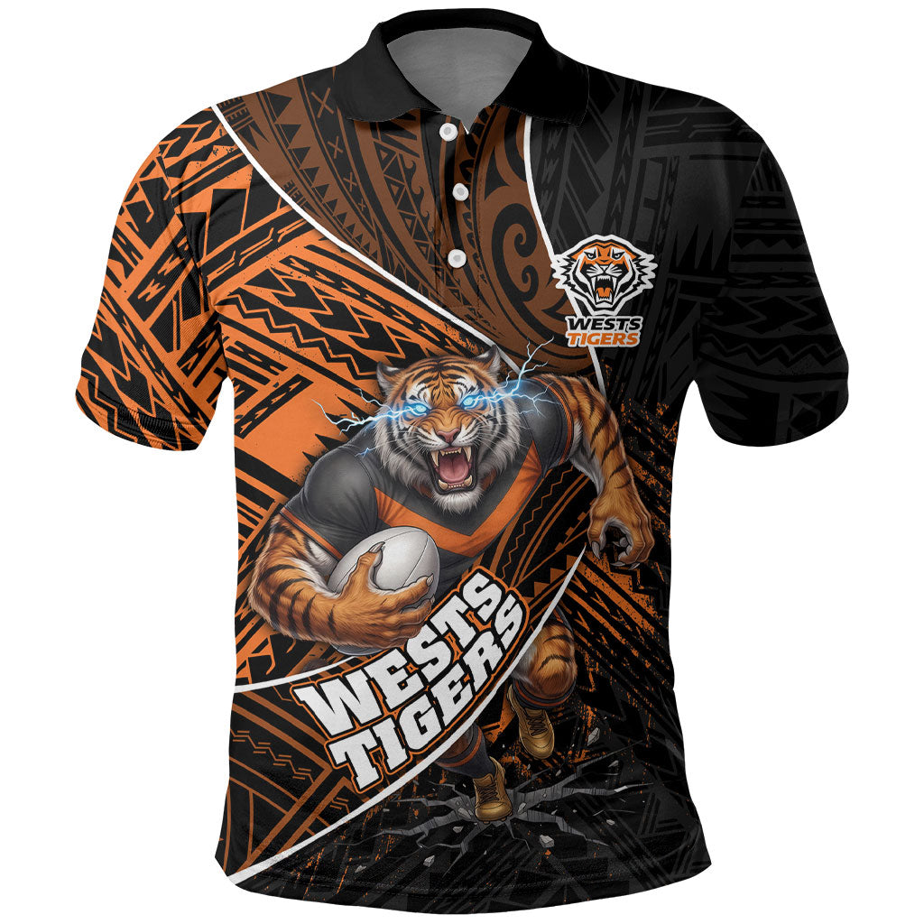 Wests Tigers Rugby Polo Shirt Tribal Polynesian Power Art - Lightning Mascot