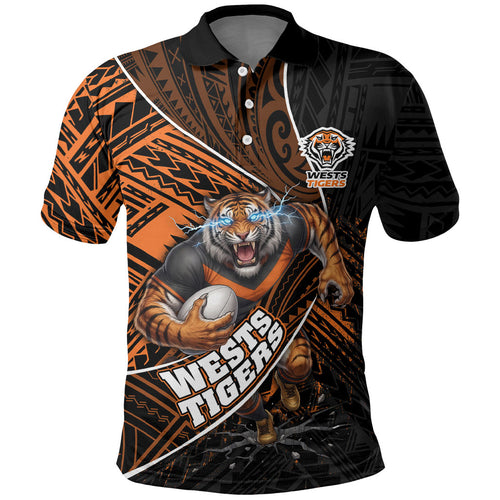 Wests Tigers Rugby Polo Shirt Tribal Polynesian Power Art - Lightning Mascot