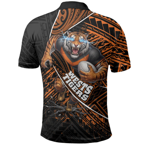Wests Tigers Rugby Polo Shirt Tribal Polynesian Power Art - Lightning Mascot