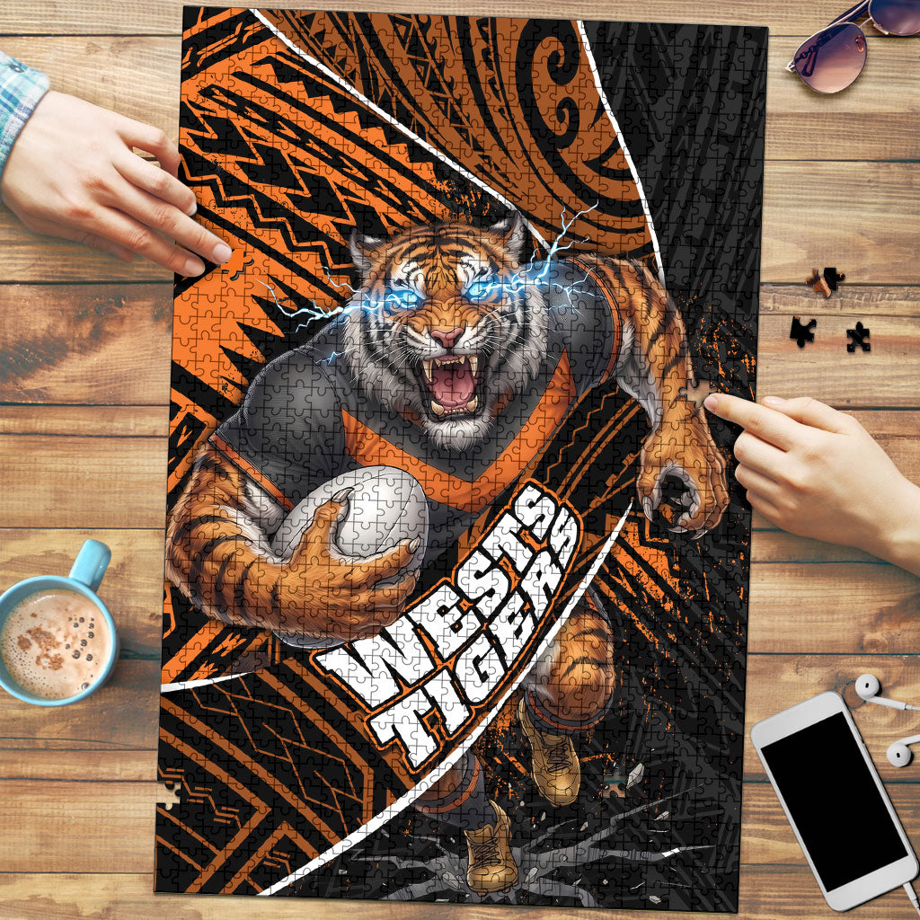 Wests Tigers Rugby Puzzle Tribal Polynesian Power Art - Lightning Mascot