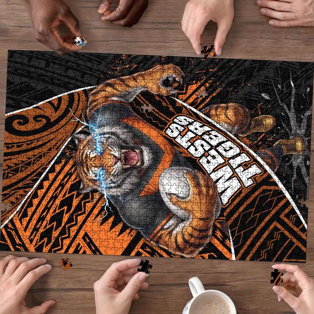 Wests Tigers Rugby Puzzle Tribal Polynesian Power Art - Lightning Mascot