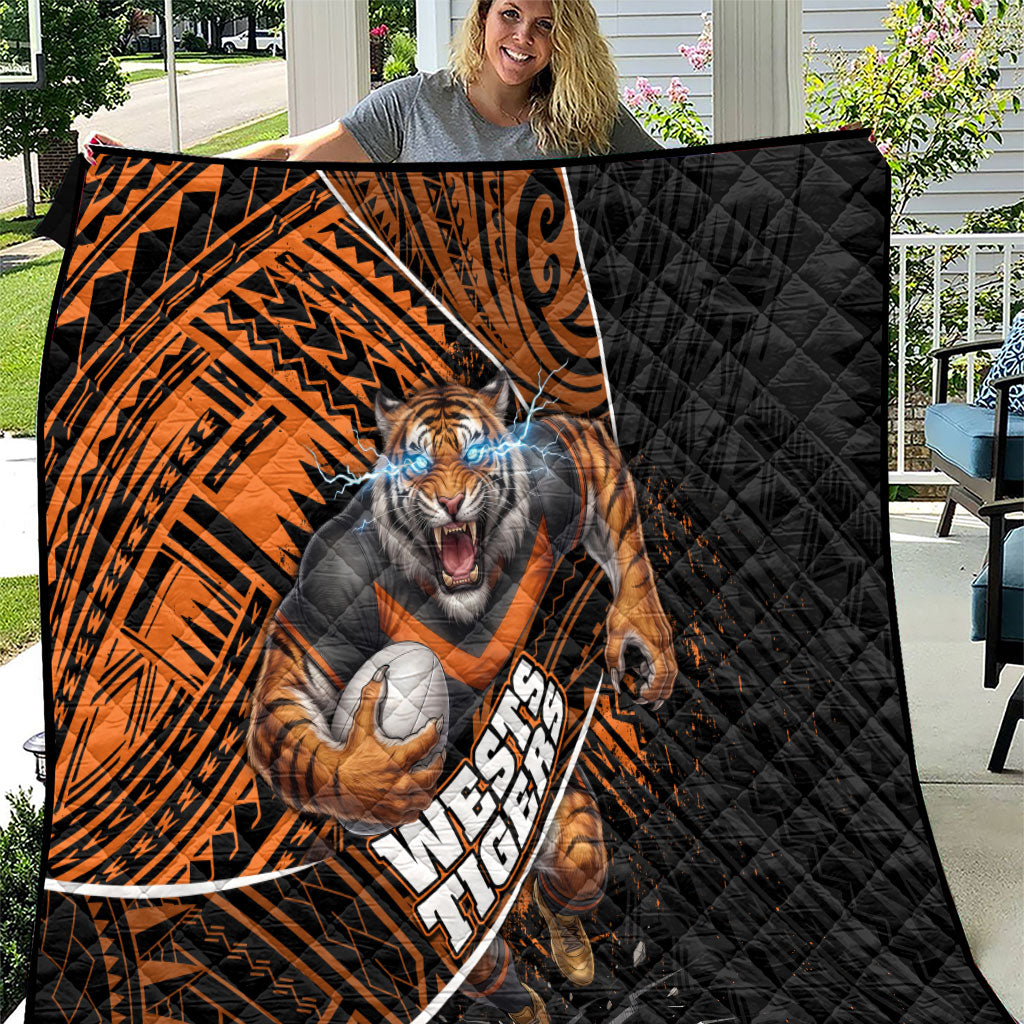 Wests Tigers Rugby Quilt Tribal Polynesian Power Art - Lightning Mascot