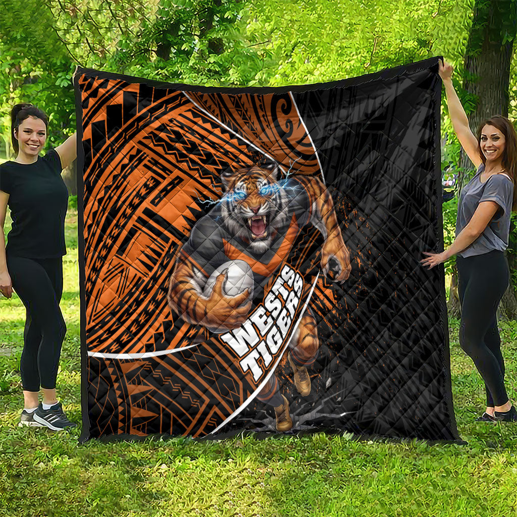 Wests Tigers Rugby Quilt Tribal Polynesian Power Art - Lightning Mascot
