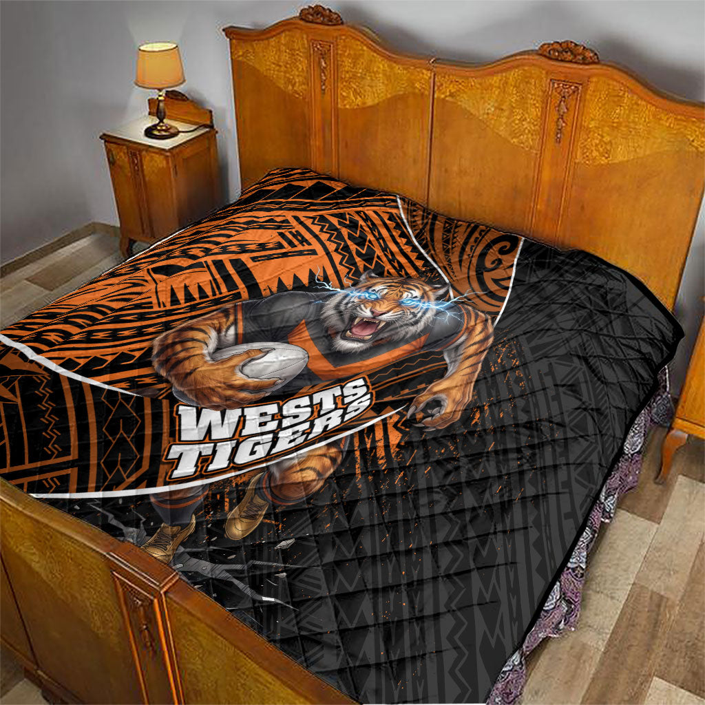 Wests Tigers Rugby Quilt Tribal Polynesian Power Art - Lightning Mascot
