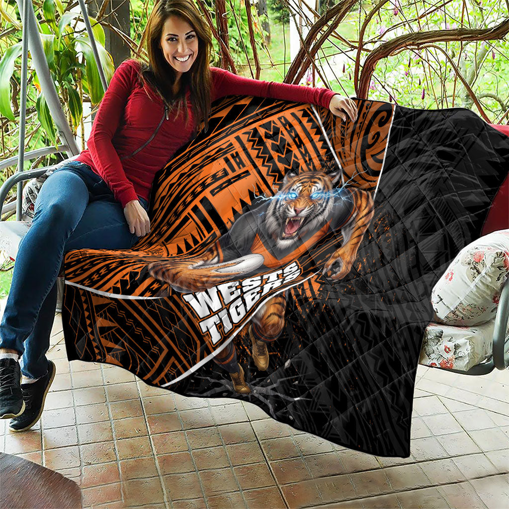 Wests Tigers Rugby Quilt Tribal Polynesian Power Art - Lightning Mascot