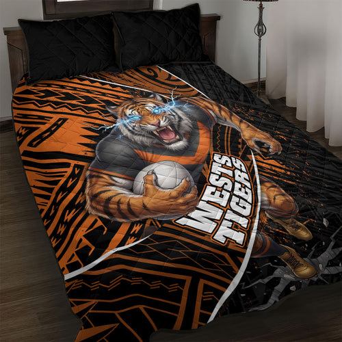 Wests Tigers Rugby Quilt Bed Set Tribal Polynesian Power Art - Lightning Mascot