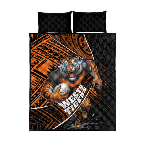 Wests Tigers Rugby Quilt Bed Set Tribal Polynesian Power Art - Lightning Mascot