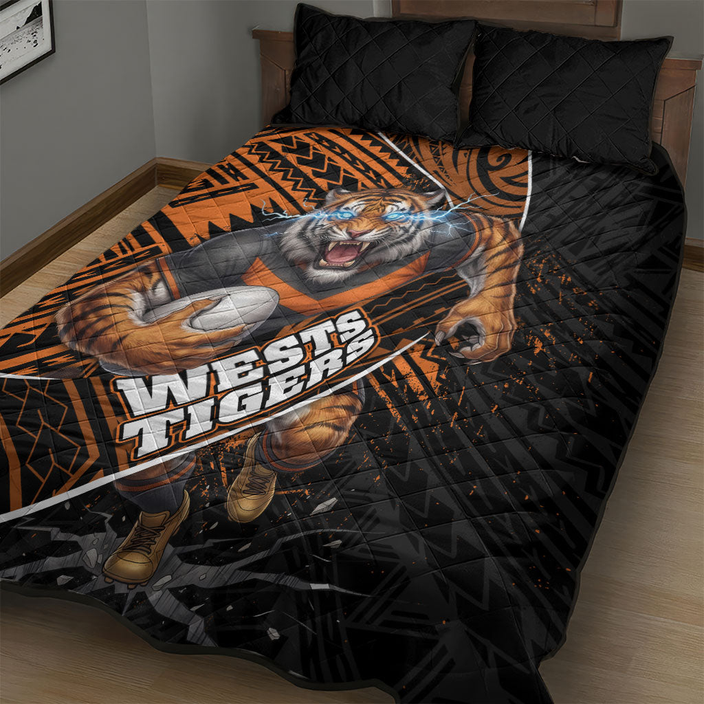 Wests Tigers Rugby Quilt Bed Set Tribal Polynesian Power Art - Lightning Mascot