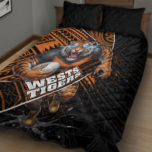 Wests Tigers Rugby Quilt Bed Set Tribal Polynesian Power Art - Lightning Mascot