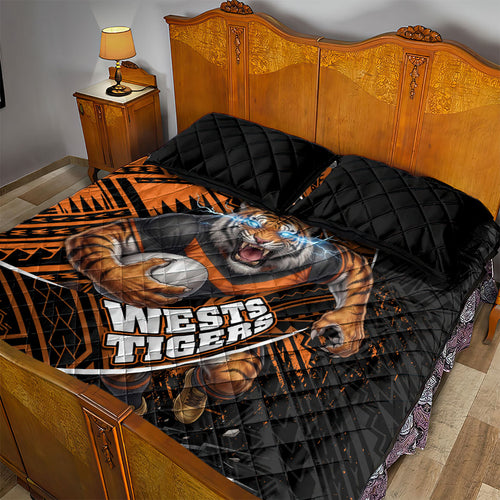 Wests Tigers Rugby Quilt Bed Set Tribal Polynesian Power Art - Lightning Mascot