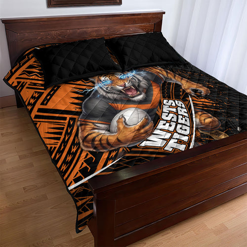Wests Tigers Rugby Quilt Bed Set Tribal Polynesian Power Art - Lightning Mascot
