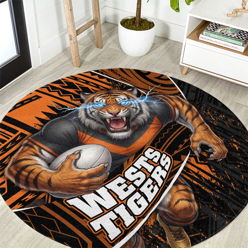 Wests Tigers Rugby Round Carpet Tribal Polynesian Power Art - Lightning Mascot