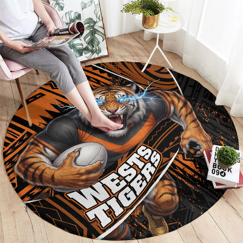 Wests Tigers Rugby Round Carpet Tribal Polynesian Power Art - Lightning Mascot