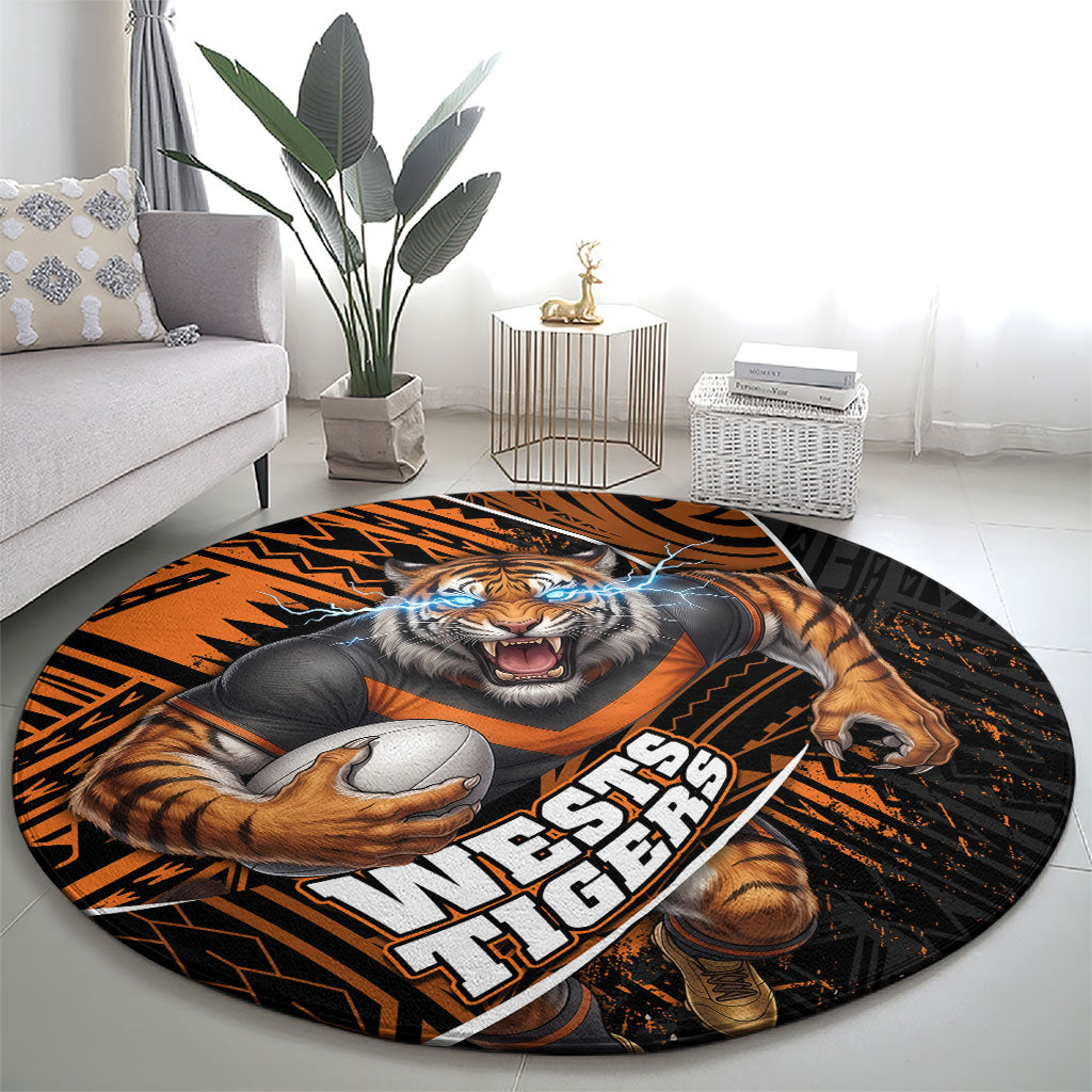 Wests Tigers Rugby Round Carpet Tribal Polynesian Power Art - Lightning Mascot