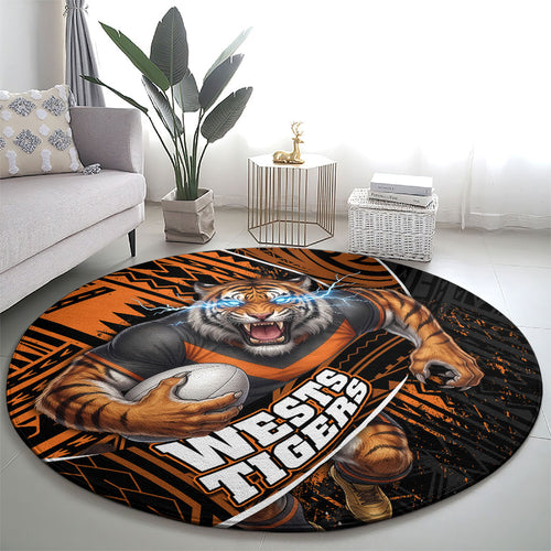 Wests Tigers Rugby Round Carpet Tribal Polynesian Power Art - Lightning Mascot