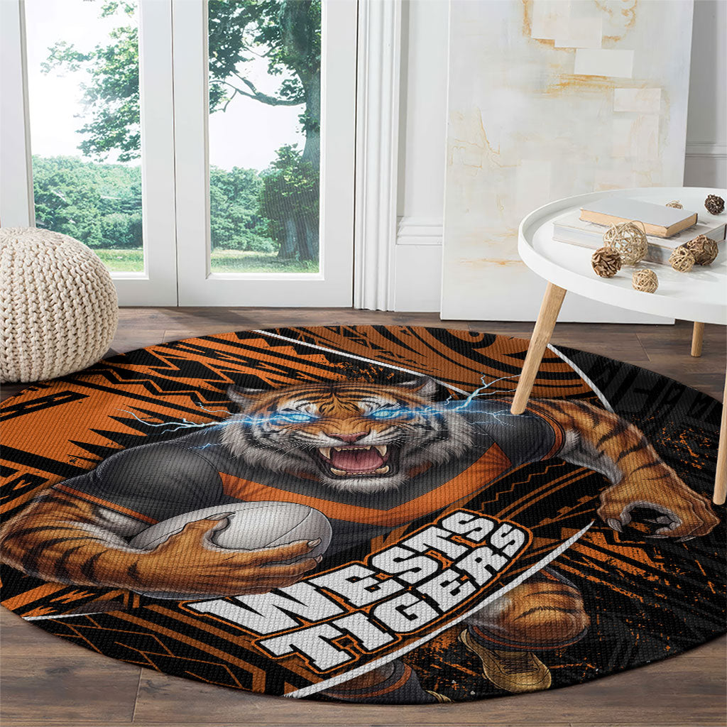 Wests Tigers Rugby Round Carpet Tribal Polynesian Power Art - Lightning Mascot
