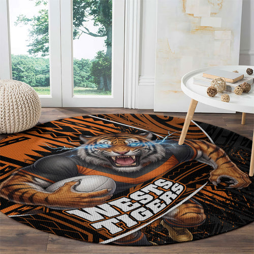 Wests Tigers Rugby Round Carpet Tribal Polynesian Power Art - Lightning Mascot