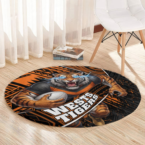 Wests Tigers Rugby Round Carpet Tribal Polynesian Power Art - Lightning Mascot
